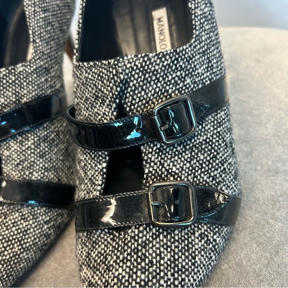 Manolo Blahnik Coupe tweed heels bootie black white patent leather buckle 41 - Picture 8 of 12